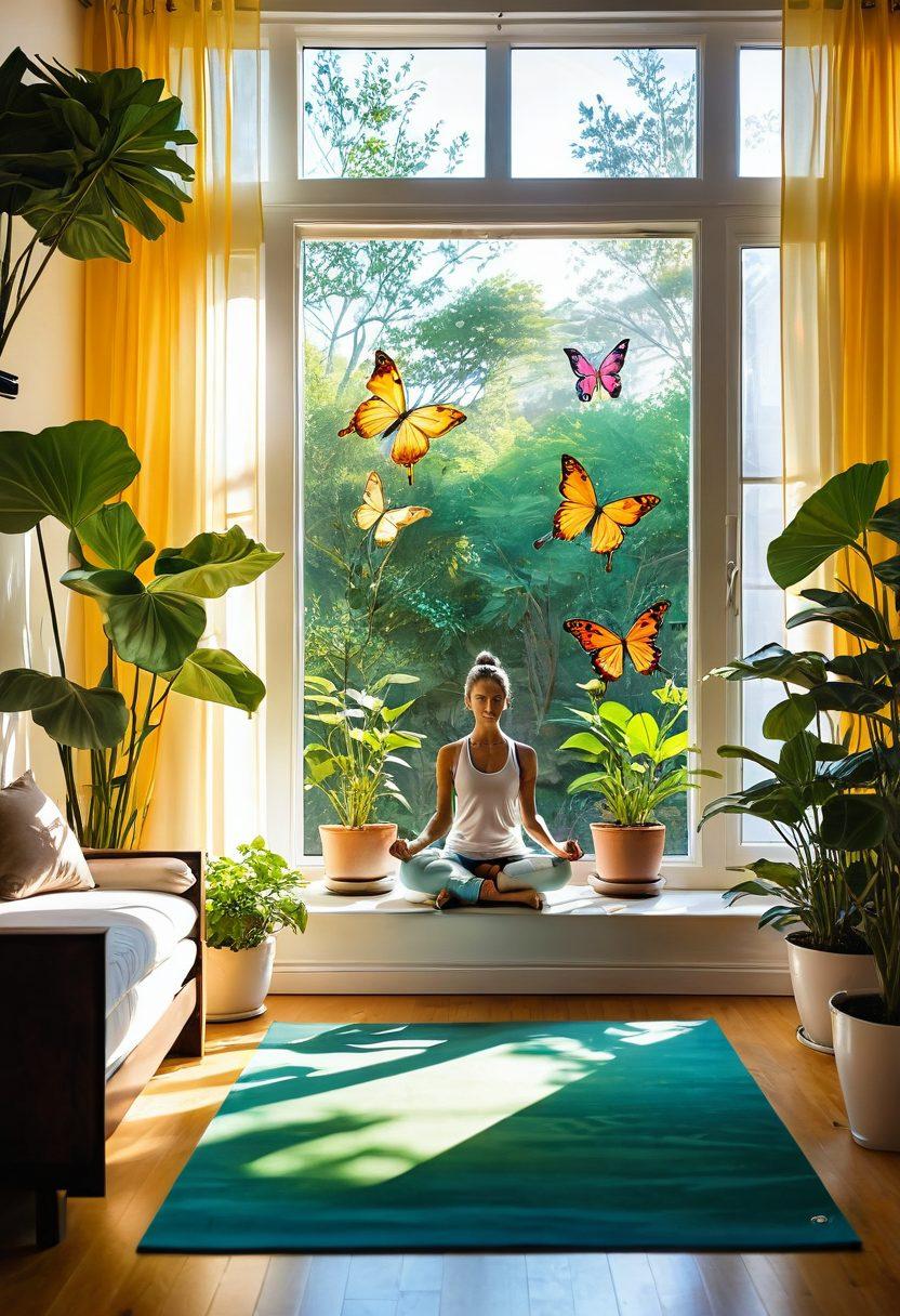 A serene morning scene with golden sunlight streaming through a window, illuminating a cozy living room with cheerful plants and colorful artwork. A person is joyfully practicing yoga on a mat, surrounded by vibrant inner peace symbols like butterflies and lotus flowers. Small motivational quotes are subtly integrated into the background. super-realistic. vibrant colors. soft focus.