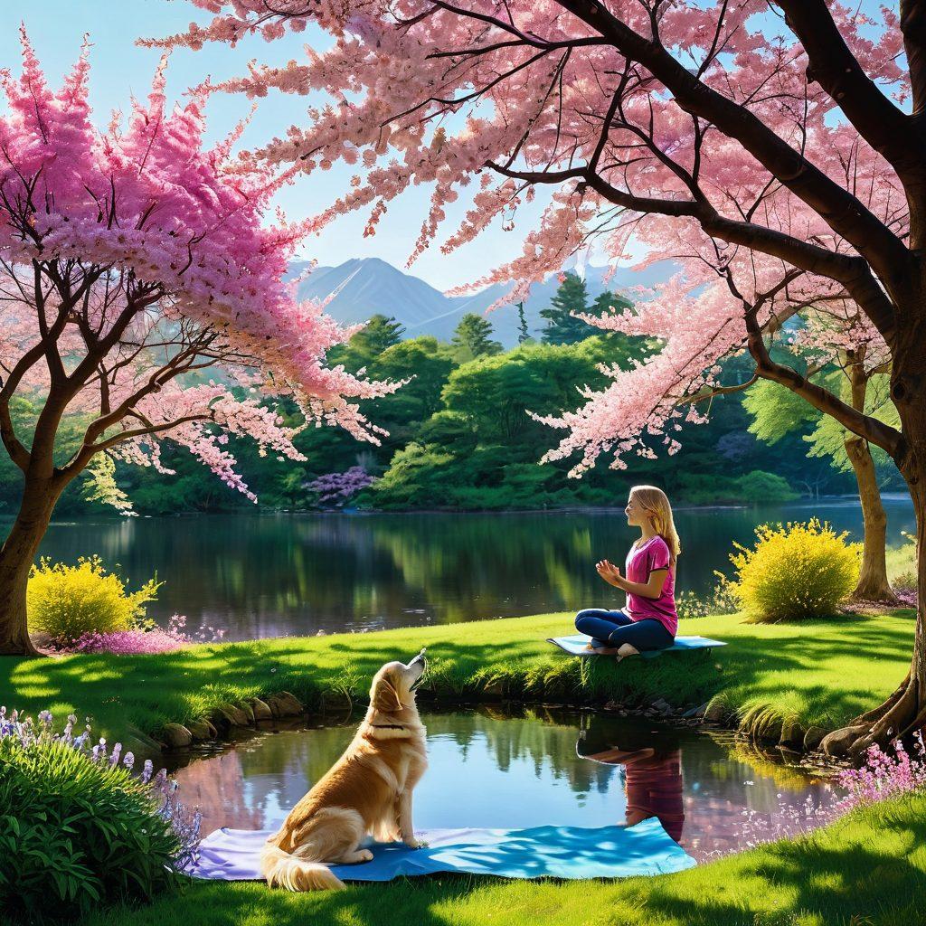 A serene outdoor scene capturing a diverse group of people engaged in joyful activities, surrounded by nature: one meditating under a blossoming tree, another practicing yoga near a pond, and a child playing with a dog. Bright flowers, sunlight streaming through leaves, and a gentle breeze symbolize wellbeing. Add a soft and dreamy sky in pastel colors to evoke happiness. super-realistic. vibrant colors. 3D.