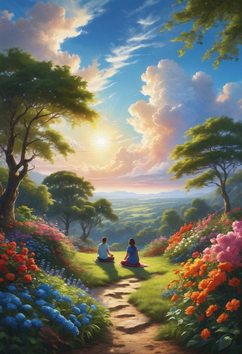 A bright and serene landscape transitioning from dark, moody shadows to vibrant, glowing sunlight, symbolizing the journey from gloom to positivity. Include lush greenery, blooming flowers, and a clear blue sky filled with soft, fluffy clouds. In the foreground, a diverse group of people joyfully engaging in various uplifting activities like meditation, dancing, and laughing together. The overall atmosphere should evoke feelings of hope and happiness. super-realistic. vibrant colors. bright atmosphere.